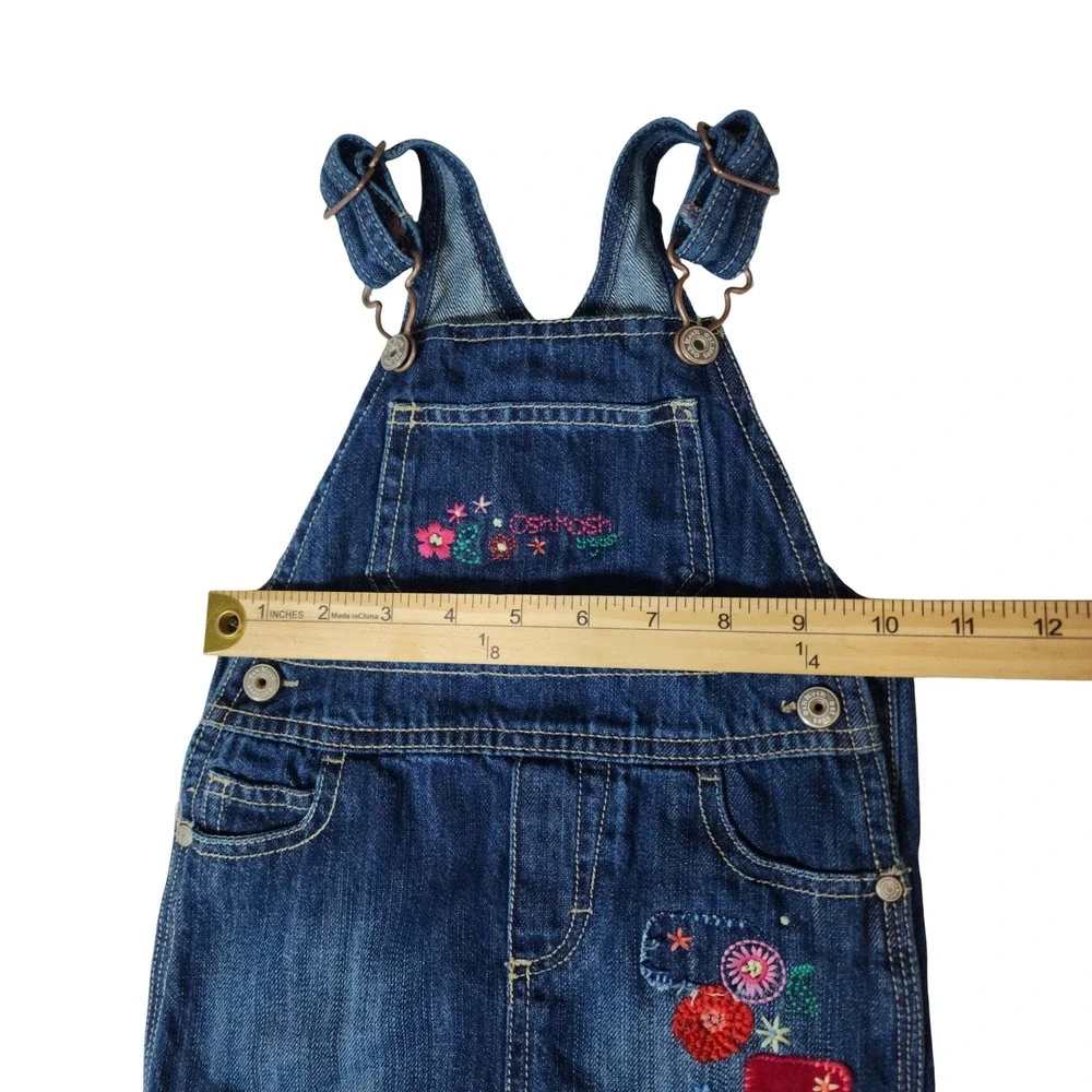 OshKosh Bgosh Girls Blue Denim Floral Embroidered Overall Jumper Dress 18 Months